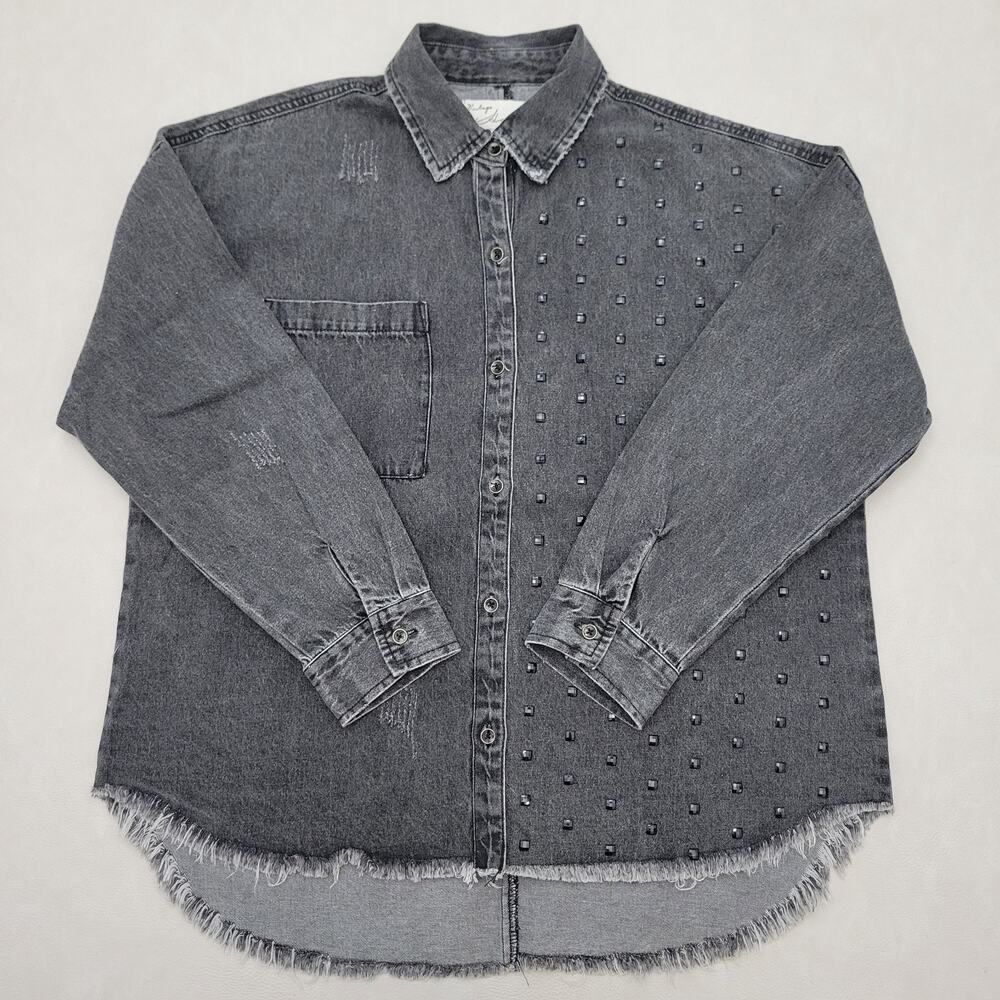 Vintage Havana Edgy Studded Denim Shacket Washed Grey Boho Jacket Size Medium
